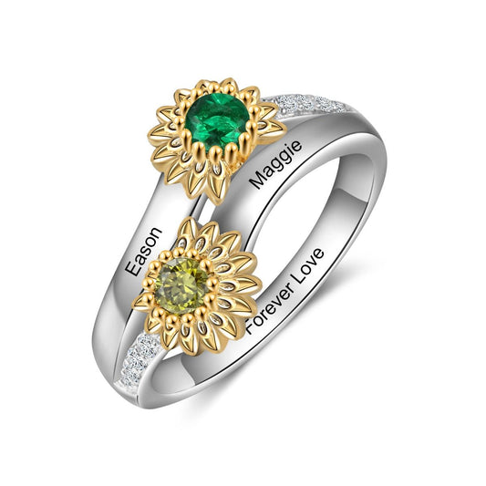 Personalised Sunflower Birthstone Ring | Personalised Ring With Birthstones