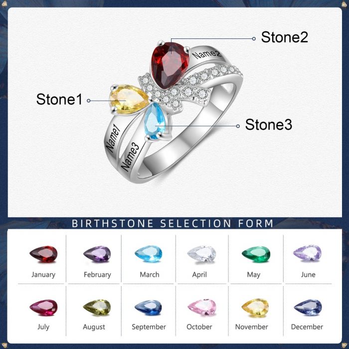 Bespoke Ring, Personalised Sterling Silver Family Simulated Pear Shape Birthstones Ring CZ  Personalised Birthstone Ring | Custom Engraved Ring with Birthstones | Bespoke Birthstone Ring  Personalised Gift Ideas For Her | Personalised Gift For Mom | Gift Ideas For Wife   Birthday Gift Ideas For Her | Anniversary Gift For Her | Graduation Gift Ideas For Her  | Personalised Birthday Gift For Mom   Bow Ring Style / Butterfly Ring Style